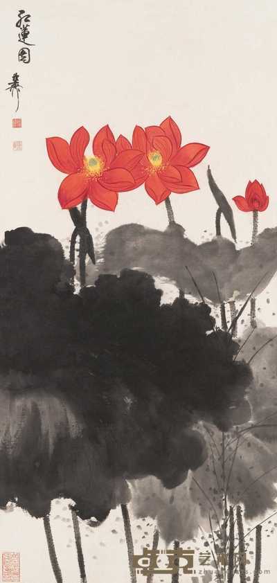 谢稚柳 红莲图 镜心 108×51cm